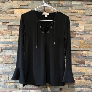 MICHAEL Michael Kors Black Lace-Up Long Sleeve Blouse with Gold Hardware